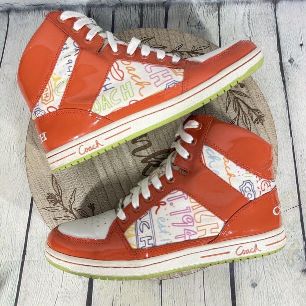 Coach Norra Poppy High Top Sneaker Size 8.5 Orange Leather Lace Up Walk Shoes
